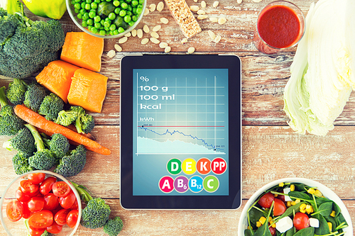 healthy eating, dieting, calories counting and weigh loss concept - close up of tablet pc screen with chart and vegetables on table