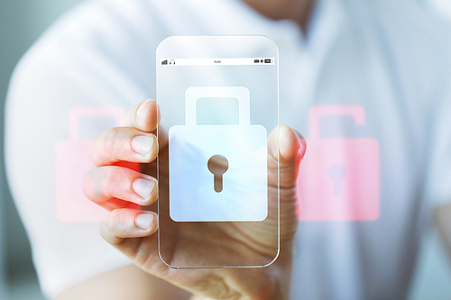 business, technology, security, protection and people concept - close up of male hand holding and showing transparent smartphone with lock icon on screen
