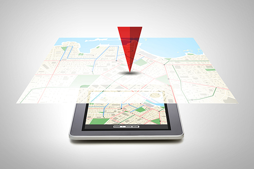 technology, navigation, location and gadget concept - close up of tablet pc computer with gps navigator map on screen over gray background