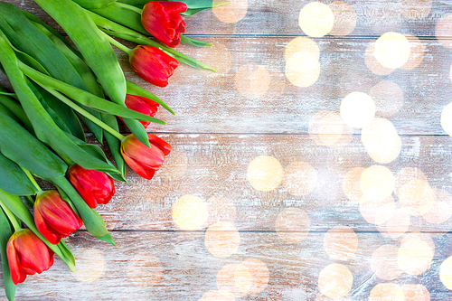 gardening , flowers, advertisement and holidays concept - close up of red tulips on wooden background over lights