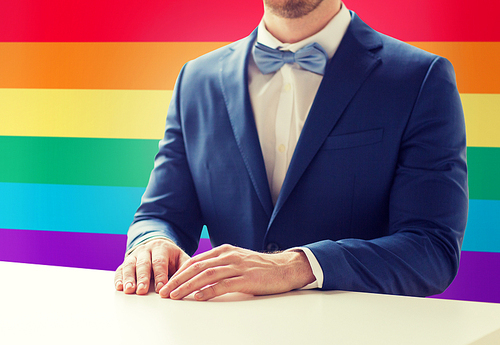 people, gay, wedding and same-sex marriage concept - close up of best man or groom in suit and bow-tie at table over rainbow flag background