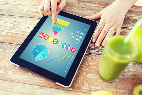 healthy eating, technology, diet and people concept - close up of woman hands with calories and vitamins chart on tablet pc, fresh juice