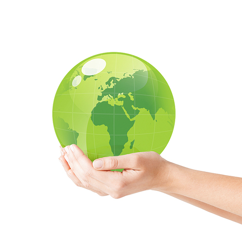 earth day, people, ecology and environment concept - close up of woman holding green globe in her hands