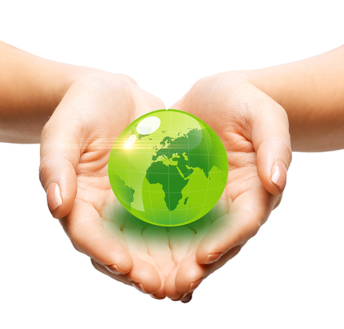 earth day, people, ecology and environment concept - close up of woman holding green globe in her hands