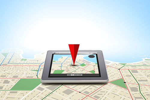 technology, navigation, location and gadget concept - close up of tablet pc computer with gps navigator map on screen over gray background