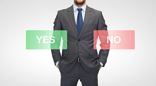 business, choice, election and people concept - close up of businessman in suit with yes and no buttons