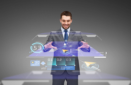 business, technology and people concept - smiling businessman working with virtual gps navigator map