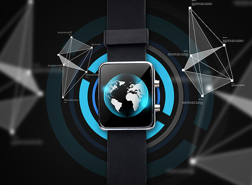 modern technology, object and mass media concept - close up of black smart watch with world globe on screen