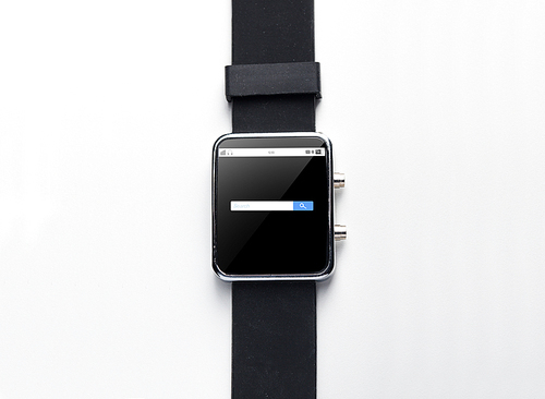 modern technology, object and media concept - close up of black smart watch with internet browser search bar on screen