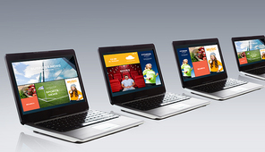technology, media, multimedia and advertisement concept - laptop computer with internet applications on screen over gray background