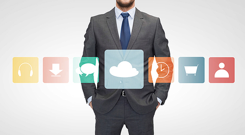 business, multimedia and people concept - close up of businessman in suit with menu icons