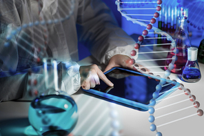science, chemistry, medicine, technology and people concept - close up of young female scientist with tablet pc computer making test or research in laboratory over dna molecule structure