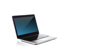 technology and advertisement concept - laptop computer with blank black screen over white