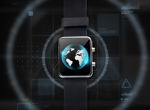 modern technology, object and mass media concept - close up of black smart watch with world globe on screen