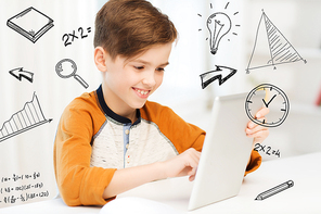 leisure, children, technology and people concept - smiling boy with tablet pc computer at home over mathematical doodles
