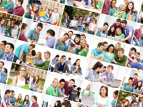 education concept - collage with many pictures of students in college, university or high school