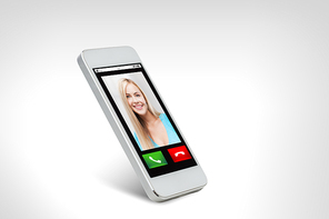 technology, communication, people and electronics concept - close up of white smarthphone with with incoming call on screen