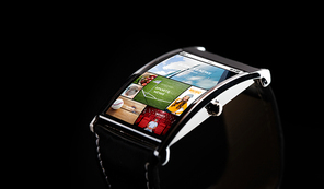 modern technology, mass media, object and media concept - close up of black smart watch with news application on screen