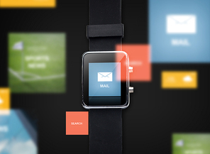 modern technology, communication, application, object and media concept - close up of black smart watch with e-mail message icon on screen