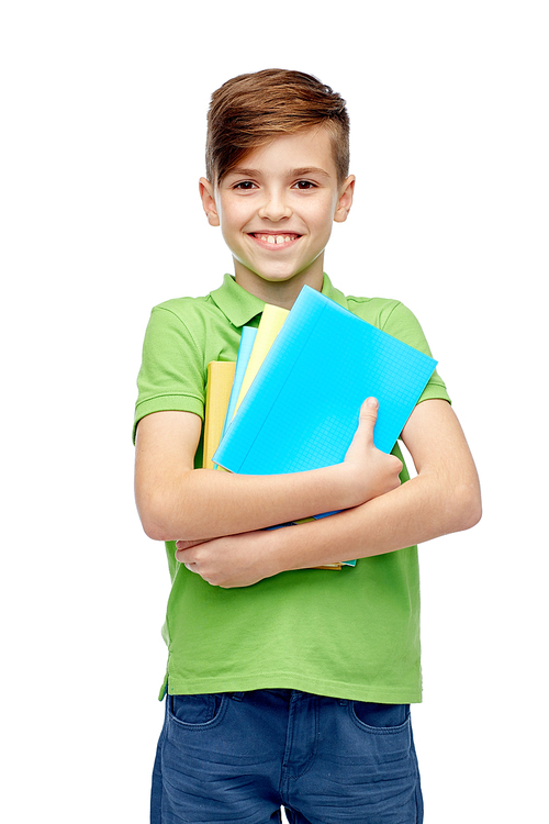 childhood, school, education and people concept - happy smiling student boy with folders and notebooks