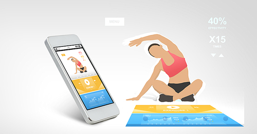 technology, fitness and sport concept - white smarthphone with sports application on screen