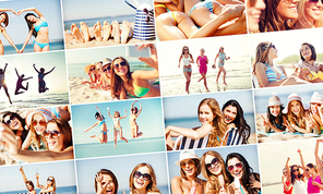 summer holidays and vacation concept - collage of many pictures with pretty girls having fun on the beach and taking selfie