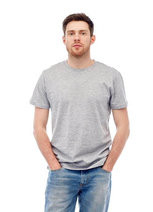 male, gender, fashion and people concept - young man in gray t-shirt and jeans