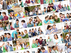 education concept - collage with many pictures of students in college, university or high school