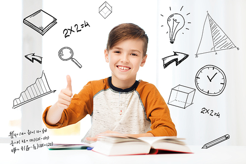 education, childhood, people and school concept - happy student boy with textbook and notebook showing thumbs up at home over mathematical doodles