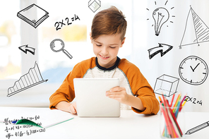leisure, children, education, technology and people concept - smiling boy with tablet pc computer and notebook at home over mathematical doodles