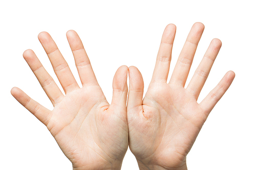 gesture, people and body parts concept - close up of two hands showing palms and fingers