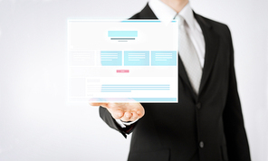 people and business concept - close up of businessman showing web page design template
