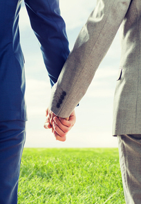 people, homosexuality, same-sex marriage and love concept - close up of happy male gay couple holding hands from back over blue sky and grass background