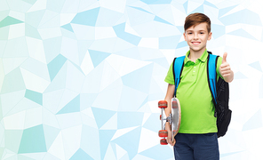 childhood, leisure, gesture, school and people concept - happy smiling student boy with backpack and skateboard showing thumbs up over blue low poly texture background