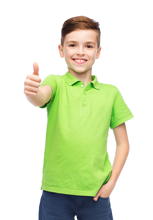 gesture, childhood, fashion and people concept - happy smiling boy in green polo t-shirt showing thumbs up