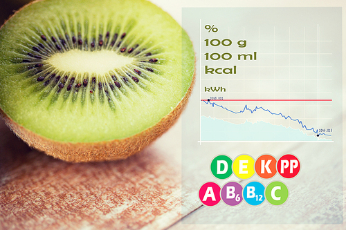 fruits, diet, food and objects concept - close up of ripe kiwi slice on table with calories and vitamin chart