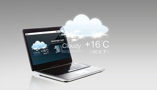 technology, forecast and meteorology concept - laptop computer with weather cast on screen