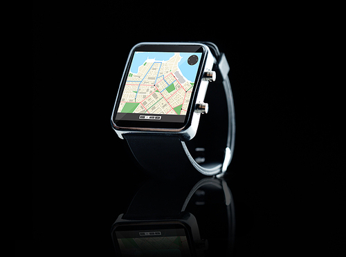 modern technology, object, application and navigation concept - close up of black smart watch with gps and road map on screen over black background
