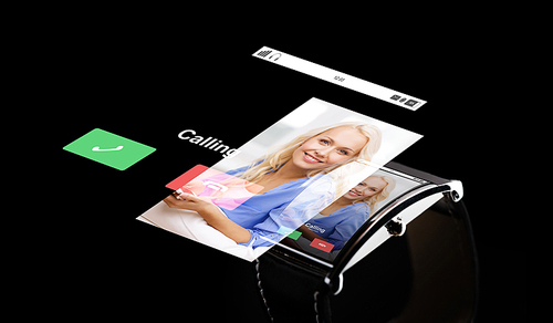 modern technology, communication, object and media concept - close up of black smart watch with incoming call