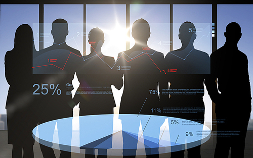 business, finances, statistics, economics and people concept - business people silhouettes over double exposure office background with pie chart and numbers