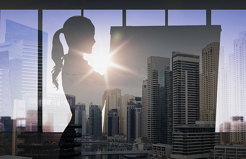 business, strategy, planning and people concept - silhouette of woman with flipboard over double exposure office and city background