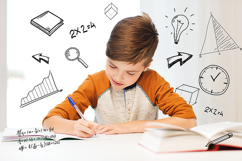 education, childhood, people, homework and school concept - smiling student boy with book writing to notebook at home over mathematical doodles