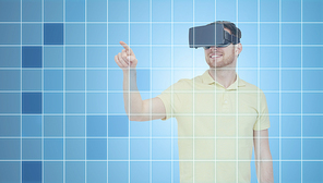 3d technology, virtual reality, entertainment and people concept - happy young man with virtual reality headset or 3d glasses playing game over blue grid background