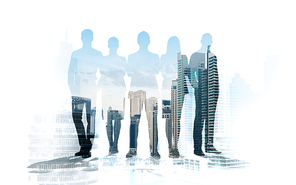 business, teamwork and people concept - business people silhouettes over city background with double exposure effect