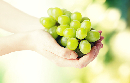healthy eating, , organic food and people concept - close up of woman hands holding green grape bunch over natural background