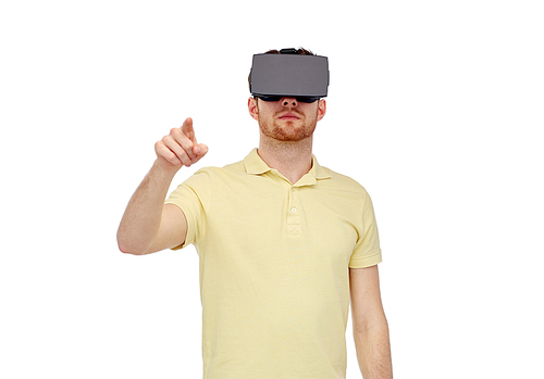 3d technology, virtual reality, entertainment and people concept - young man with virtual reality headset or 3d glasses playing game
