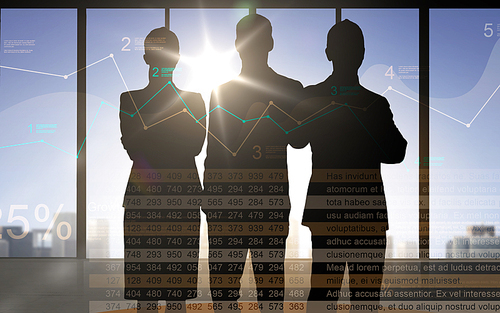 business, finances, statistics, economics and people concept - business people silhouettes over double exposure office background with charts and numbers