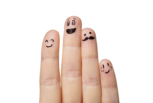 gesture, family, people and body parts concept - close up of fingers with smiley faces