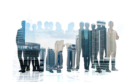 business, teamwork and people concept - business people silhouettes over city background with double exposure effect