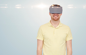 3d technology, virtual reality, entertainment and people concept - happy young man with virtual reality headset or 3d glasses over gray background